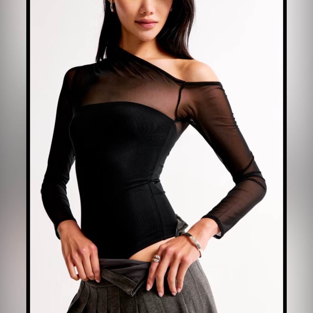 Abercrombie & Fitch Asymmetrical Black Mesh Sleeve Bodysuit
